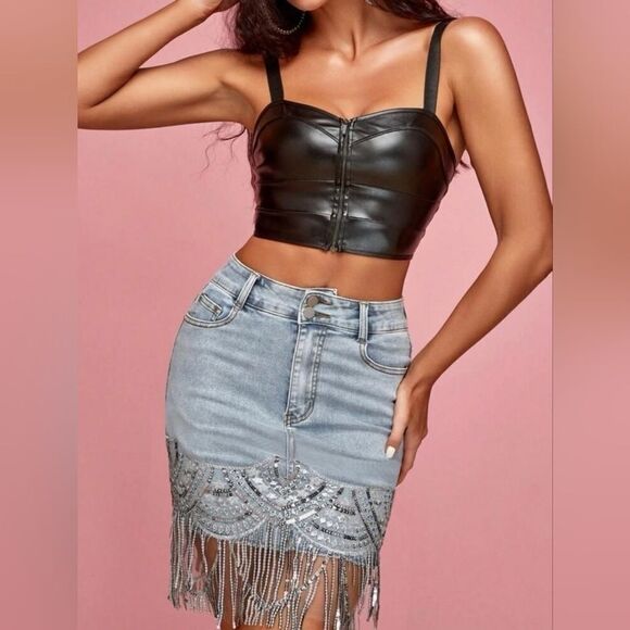 Denim Skirt With Sequin Fringe Size  XS/S - Picture 3 of 7